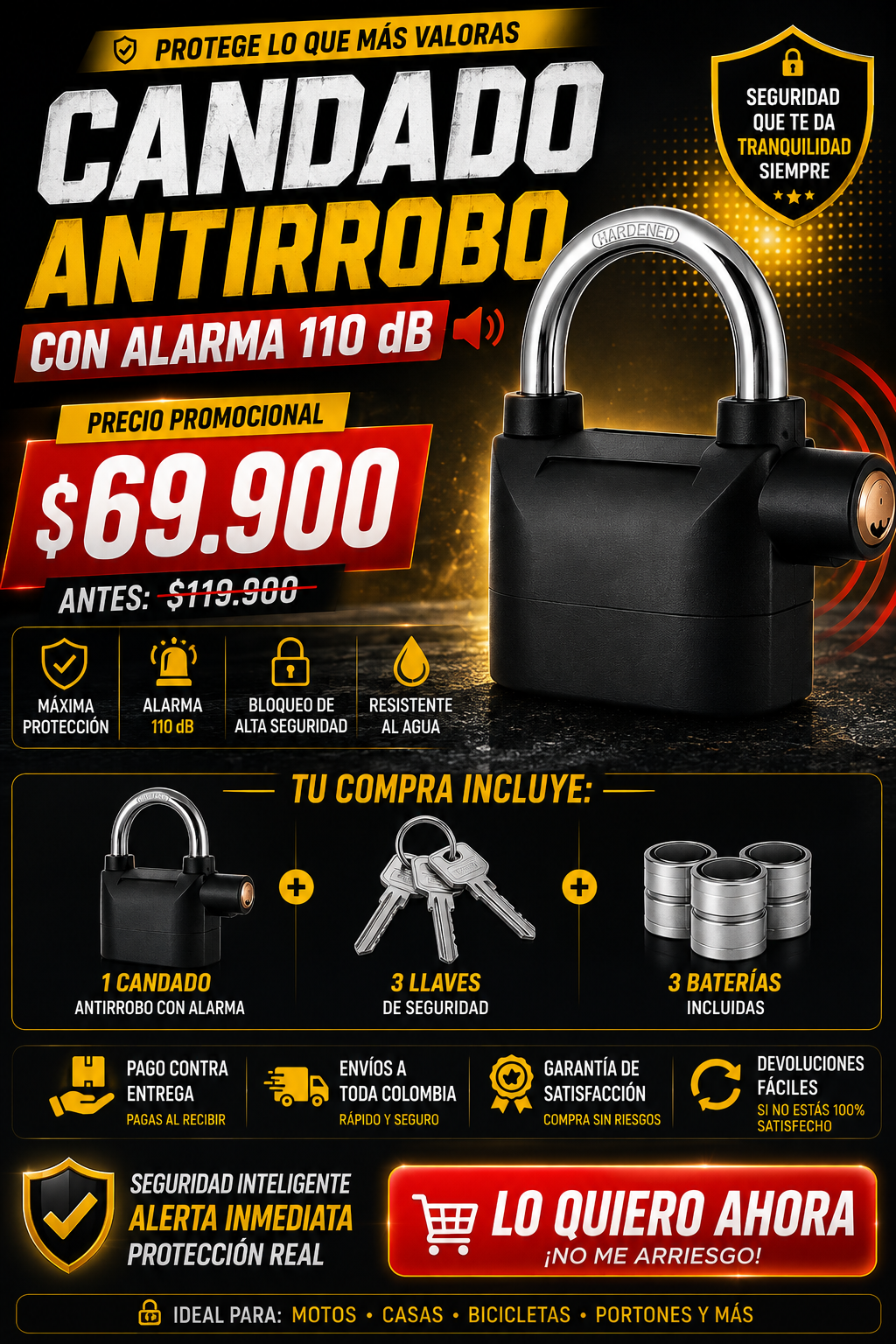 Candado Alarma Cerradura De Bloqueo