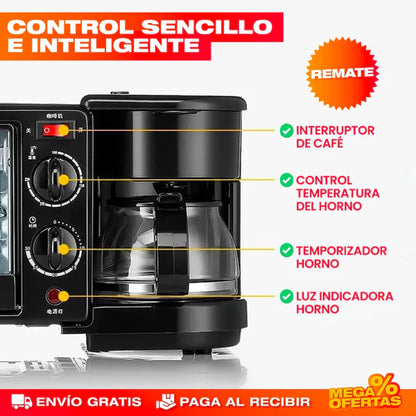 MÁQUINA DESAYUNO 3 EN 1 CAFETERA + HORNO + SARTÉN